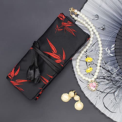 Wei Long Jewelry Roll, Travel Jewelry Roll Bag, Silk Embroidery Brocade Jewelry Organizer Case with Tie Close (Bamboo, Black) - color: Bamboo-Black