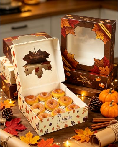qiqee Thanksgiving Pie Boxes with Window 10x10x2.5 Inch 12Packs Cookie Donut Bakery Box - color: 12Packs, Thanksgiving