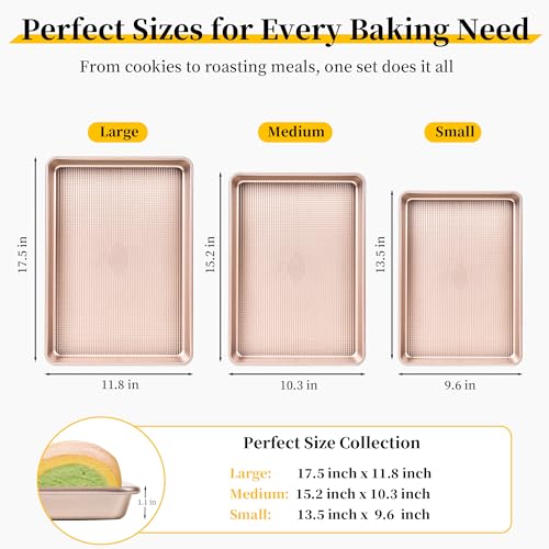 3-Piece Nonstick Baking Sheet Set, Cookie Sheet Pans in 3 Sizes, 0.8mm Thick Heavy Duty Carbon Steel Baking Trays, Easy to Clean for Cookies, Roasting & Baking, Champagne Gold - color: Gold