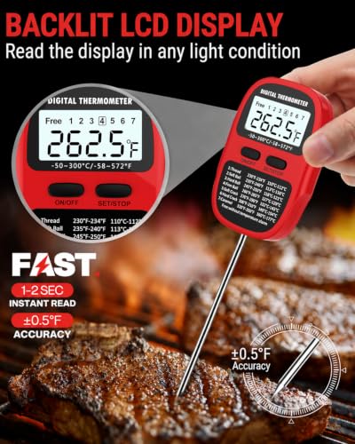 Candy Thermometer Digital Deep Fry Oil Thermometer with 7 Preset Modes - color: RED