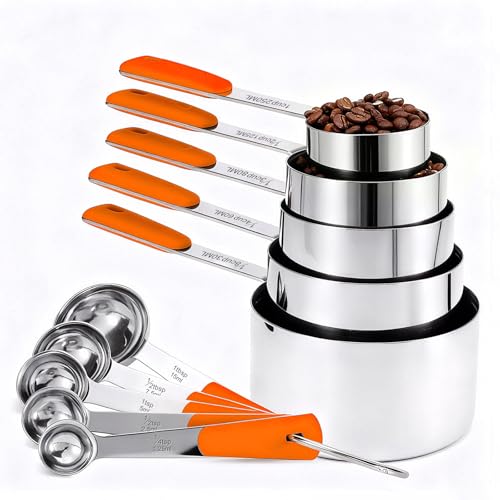 Bopei 10-Pcs Stainless Steel Measuring Cups & Spoons Set, Orange Handles - color: Orange
