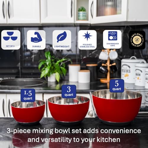 WHYSKO Stainless Steel Mixing Bowls Set, 3-Piece with Silicone Base - color: Red