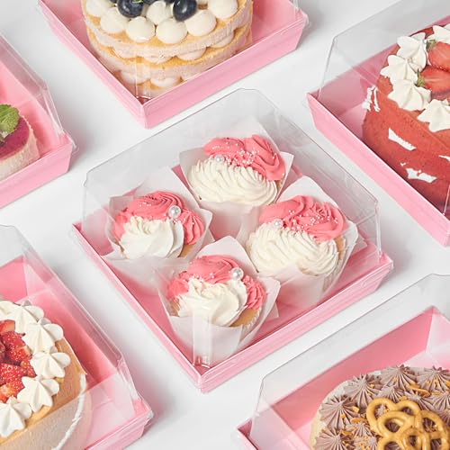 ZORRITA Paper Cake Boxes with Clear Lids, 7" x 7" x 4", 20 Pack, Pink - color: Pink