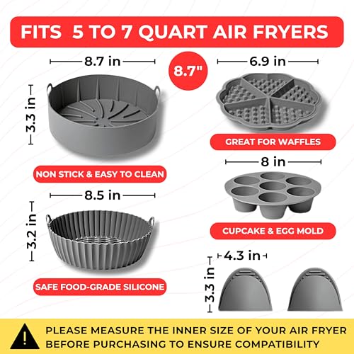 EM Set of 5 Silicone Air Fryer Liners with Egg Bite Mold, Waffle Mold & Mitts - 8.7” Round Reusable Silicone Inserts for 5-7 Qt Airfryers - Easy to Clean & Heat-Resistant Air Fryer Accessories Set - size: 5-Pack 8.7 in Liners for 5-7 Qt