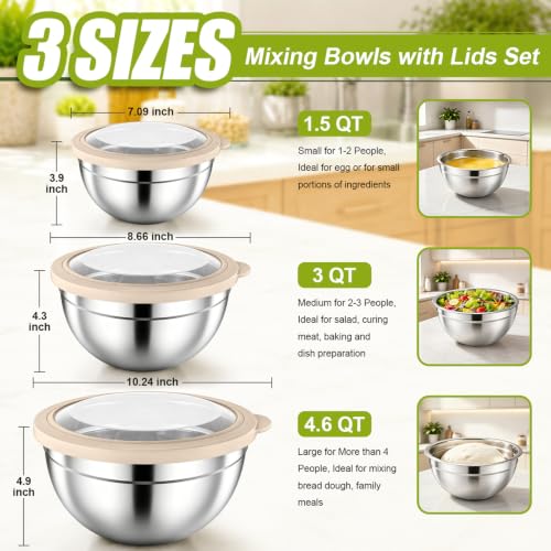 P&P CHEF Stainless Steel Mixing Bowls with Visible Airtight Lids, Khaki - color: Khaki, style: Visible Airtight Lids