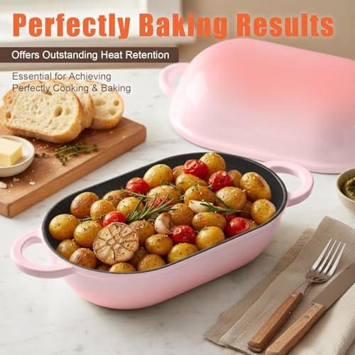 2.5 QT Enameled Cast Iron Sourdough Bread Oven, Loaf Pan with Lid - color: Pink, size: 2.5 QT