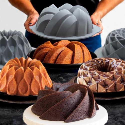 Tongjude 4 Pieces Silicone Fluted Cake Pans, 6/7/8 Cups Tube Baking Pan, Non-Stick Kitchen Oven Baking Pans, Silicone Molds for Homemade Cake, Bread and Jello, Grey - size: 4pcs fluted cake pans (6/7/8 Cups)