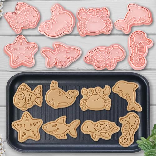 8 Mini Ocean Animal Cookie Cutters Set, 3D Raised Design Animal Embossing Stamps, Goldfish, Whale, Crab, Dolphin, Starfish, Shark, Turtle, Seahorse, Baking Molds - color: Ocean