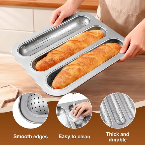 2 Pack French Baguette Bread Baking Pan, 3-Cavity Hot Dot Bun Pan - size: Silver 2 Pack