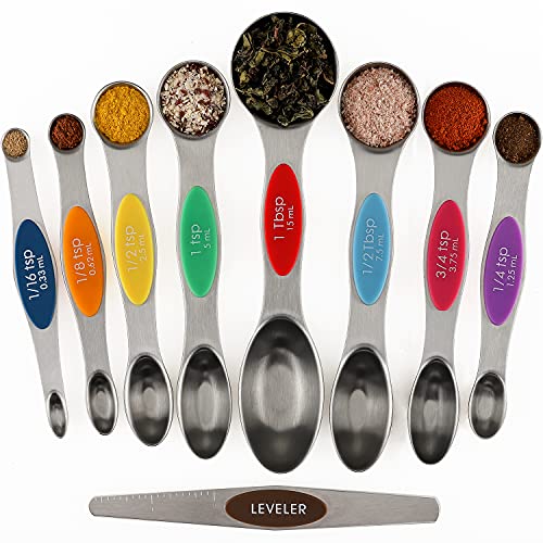 Magnetic Measuring Spoons Set of 9 Stainless Steel Dual Sided Teaspoon - color: Measuring Spoons