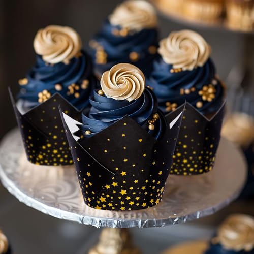 FYSUIMU 200Pcs Graduation Black Gold Star Tulip Cupcake Liners Foil Gold Star Muffin Baking Cups Cupcake Wrappers for Congrats Grad Holiday Birthday Party Supplies