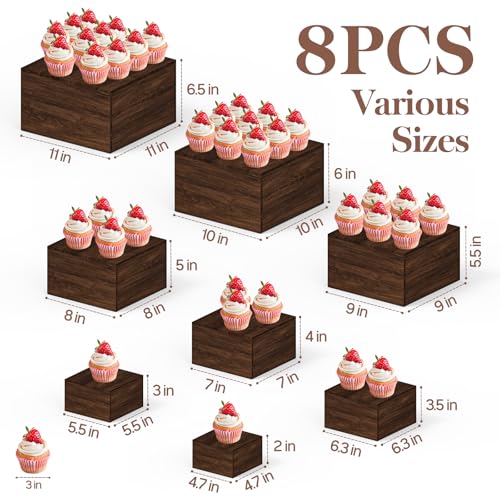 8 PCS Wooden Buffet Risers, Rustic Wood Cake Stands, Food Risers for Buffet & Dessert Table Display, Nesting Wooden Crates for Catering, Wedding, Party, Home Decor