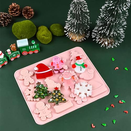 3PCS Christmas Silicone Cookie Molds, Xmas Chocolate Molds Holiday Gummy Candy Butter Mold Wax Melt Mold Christmas Tree Gingerbread Snowman Snowflakes Socks Bells Santa Hat Baking Mold (Xmas-Pink-B) - color: Xmas-Pink-B