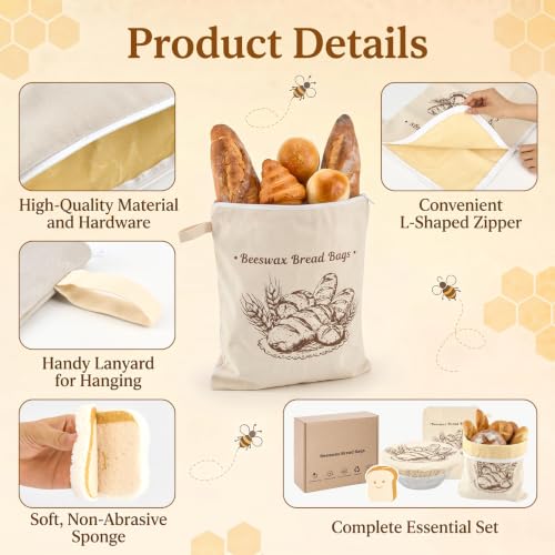 4-Pcs XL Beeswax Bread Bag Set: 2 Bags, Bowl Cover & Cleaning Sponge - color: Bread