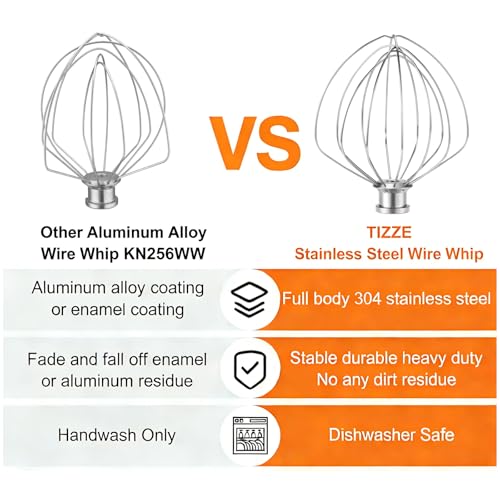 KN256WW Whisk Attachment for KitchenAid 6 Qt Bowl-Lift Mixers - Dishwasher Safe 6-Wire All Stainless Steel Whip - Heavy Duty for Fast Whipping Cream, Eggs, Mayonnaise & Cakes - size: Large(KN256WW)