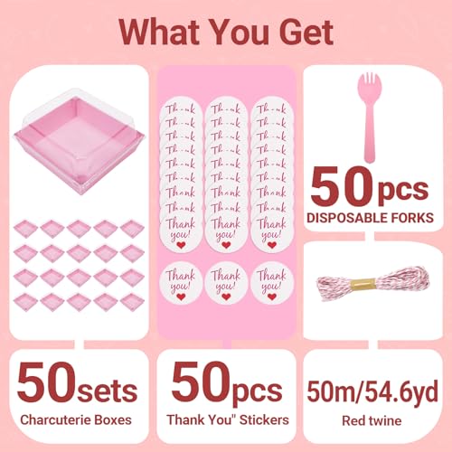 50 Sets Pink Mini Disposable Charcuterie Boxes with Clear Lids - color: Pink