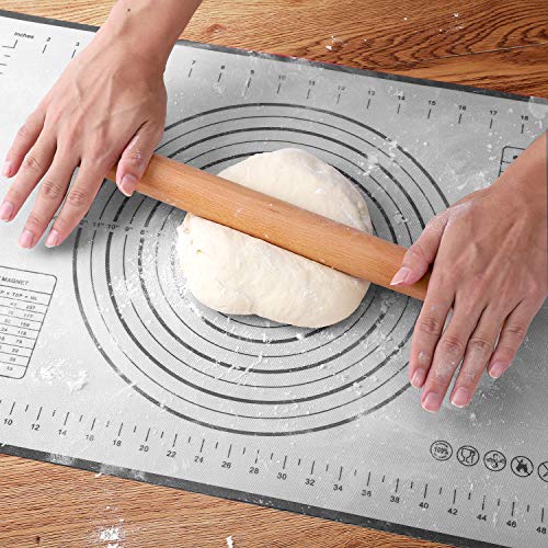 Wood Rolling Pin, QUELLANCE Wood French Roller Pin with Silicone Baking Mat, Beech Wood Dough Roller for Baking Dough, Pizza, Pie, Pastries, Pasta and Cookies - size: M-16 inch