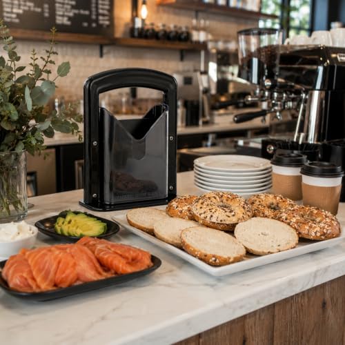 Restaurantware Met Lux 7 x 3.5 x 9 Inch Bagel Slicer 1 Commercial Bagel Cutter - Built-In Safety Shield Safe and Easy To Use Black Stainless Steel Universal Slicer Non-Stick and Serrated Blade