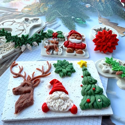 5 Pcs Christmas Silicone Molds, Christmas Tree Holly Leaf Santa Claus Reindeer Fondant Cake Decorating Baking Molds For Xmas Party Holiday Chocolate Candy Cookie Molds Sugarcraft Cupcake Topper