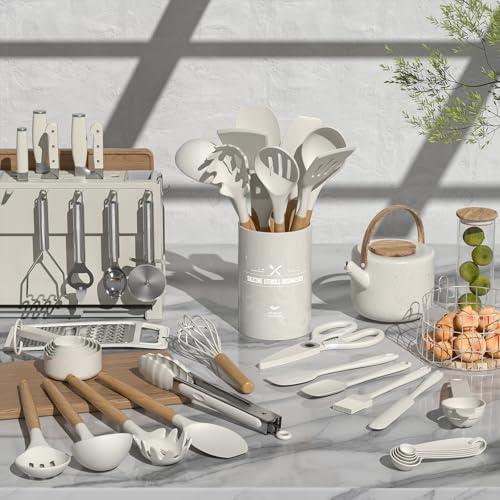 Umite Chef Food Grade Thickened Silicone (Stainless Steel Core) Kitchen Gadgets Tools Set - Kitchen Cooking Utensils Set, Heat Resistant Kitchen Spatula Tools Set - color: Khaki