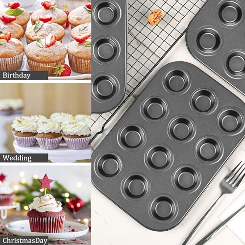 Mini Muffin Pan, Premium Small Cupcake Pans, Carbon Steel 12-Cup Muffin Tin, Versatile Non-Stick Bakeware - color: Black