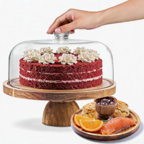 12" Acacia Wood Cake Stand with Dome Lid - 2-in-1 Reversible Dessert Tray