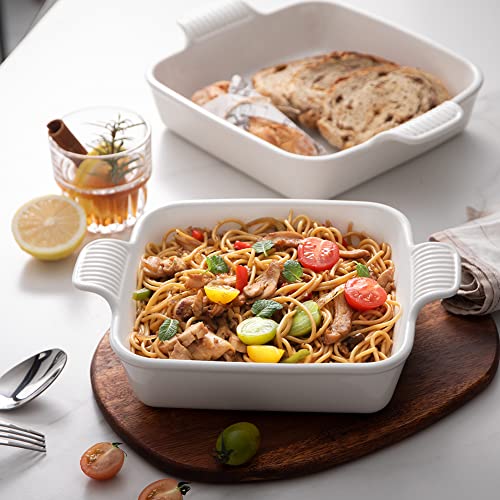 Sweejar Ceramic Baking Dish, 8 x 8 Cake Baking Pan for Brownie, Porcelain Square Bakeware with Double Handle for Casserole, Lasagna, Family Dinner (White) - color: White, size: Square 8IN