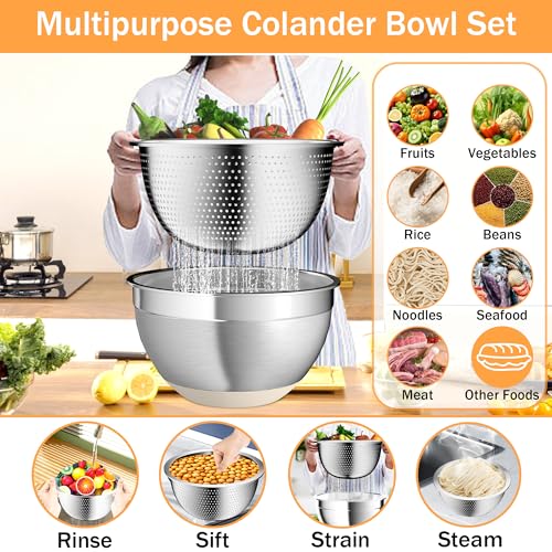 Nicdiet Mixing Bowls with Airtight Lids, Stainless Steel Mixing Bowl Set with 3 Metal Nesting Bowls, Colander & Grater, Non-Slip Bottoms, Size 1.5, 2.5, 5 QT, Great for Mixing & Serving, Khaki - color: Khaki