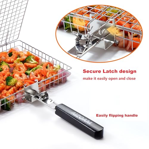 Grill Basket - Grill Baskets for Outdoor Grill, Stainless Steel Large Grilling Basket w Removable Handle, Portable Fish Grilling Rack for Grill Ideal Meat Fish Vegetables Grilling Accessories