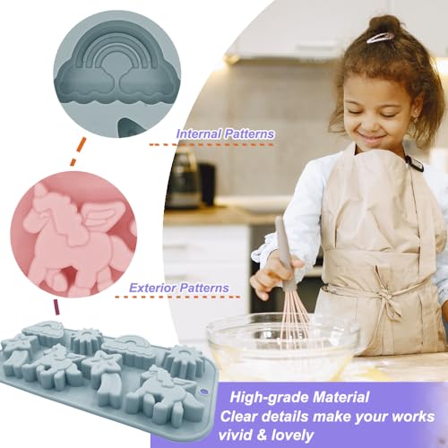 2 Pack Unicorn Molds Silicone 8 Cavity 3D Flying Unicorn Themed Baking Mould Tray with Cartoon Rainbow Meteors Sun for Kids' Party Chocolate Cake Topper Dessert Mousse Pastry Handmade Soap Crayons - style: 8 Cavity Unicorn Molds