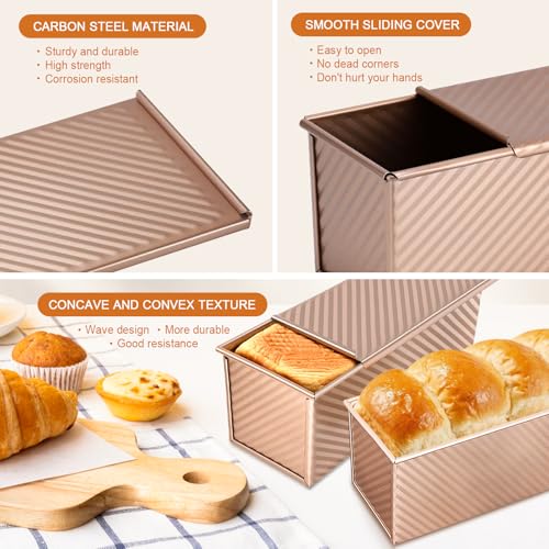 2.2lb Pullman Loaf Pan with Lid, Nonstick Carbon Steel Square Bread Pan for Baking Shokupan, Sandwich, Pain de Mie & Sourdough – Includes 6 Bonus Tools - color: Gold, size: 2.2LB (Single)