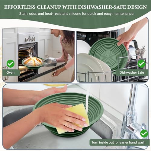 Premium Silicone Sourdough Banneton Bread Proofing Basket - Includes Oval & Round Foldable proofing Bowls (9.5 Inch) - Oven & Dishwasher Safe, Gifts for Artisan Bakers - Sage Green - color: Green