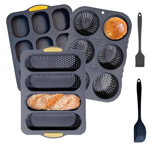 Set of 5 Silicone Hamburger Bun Mold, 4/6/9 Cup Silicone Hotdog Bun Pan with Spatula Brush, Mini Baguette Pans Bread Baking Pan for Homemade Hamburger Buns