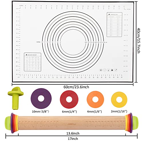 Rolling Pin with Thickness Rings,13.6''Dough Roller & Mat Fits Baking Dough - color: Wood
