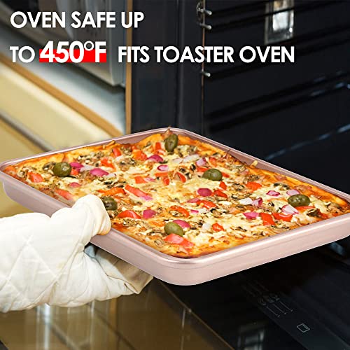 11" x 9" Baking Pans, Cookie Sheets Set of 2, Nonstick Toaster Oven Pan Set for Baking, Heavy Duty Carbon Steel Non-toxic Oven Replacement Cookie Tray for Kitchen Bakery, Gold - size: 11" X 9" X 1" (Fixed Bottom)