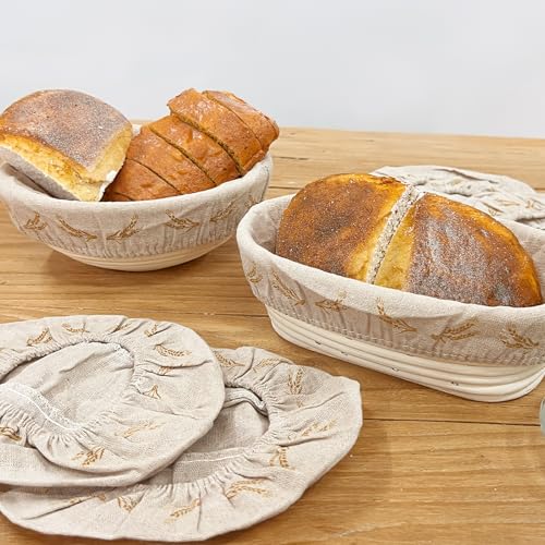 SNAIL GARDEN Bread Proofing Basket Cloth Liner - 3 Oval (10") & 3 Round (9"), Wheat Pattern Reusable Banneton Basket Liners, Linen Cotton Proofing Basket Covers for Bread Making