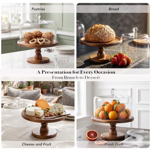 American Atelier Wooden Pedestal Cake Plate w/Glass Dome, Brown 11.8x12.2in
