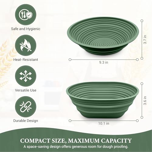 Premium Silicone Sourdough Banneton Bread Proofing Basket - Includes Oval & Round Foldable proofing Bowls (9.5 Inch) - Oven & Dishwasher Safe, Gifts for Artisan Bakers - Sage Green - color: Green