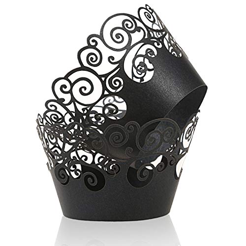 Cupcake Wrappers, KPOSIYA 100 Pack Cupcake Wraps Filigree Artistic Bake Cake Paper Cup Little Vine Laser Cut Liner Baking Cups Muffin Case Trays for Wedding Party Birthday Decoration (100, Black) - color: Black, size: Black (Pack of 100)