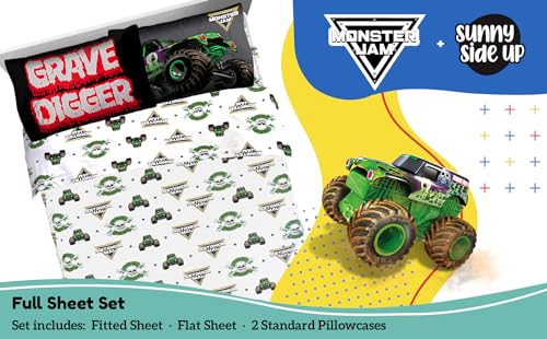 Sunny Side Up Monster Jam Grave Digger Full Sheet Set - 4 Piece Kids Bedding Set Includes Pillow Cover - Super Soft Microfiber Sheets - color: White - Monster Jam, size: 4 Piece Full