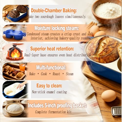 DIY Double Dutch Oven for Sourdough Bread Baking – Enamel Cast Iron Bread Baker with Lid, Bake Two Different Loaves at Once, 500°F Oven Safe, Includes 2×9" Banneton Proofing Baskets - color: Dark blue
