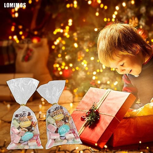 LOMIMOS 120pcs Christmas Cellophane Treat Bags,Clear Plastic Candy Cookie Packing Bags with Twist Ties for Winter Holiday New Year Xmas Party Supplies(Snowflakes) - size: 5x11 Inch (Pack of 120)