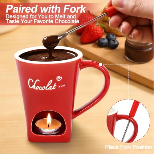 Chocolate Fondue Mug with Fork Sweet Ceramic Personal Chocolate Melting Cup Chocolate Fondue Mug Ideal Gifts for Birthday Date Night Birthday Wedding Gifts (Red) - color: Red