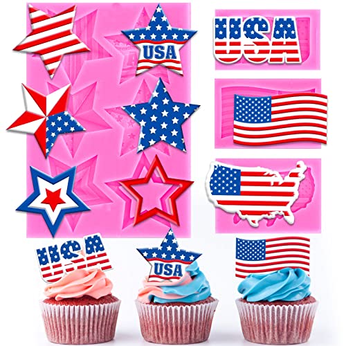 Whaline 4Pcs 250th Anniversary Independence Day Silicone Molds 4th of July 3D Patriotic Fondant Mold American Flag Pattern Chocolate Molds USA Map Stars Cupcake Baking Decorating Moulds for DIY Party - style: 4th of July