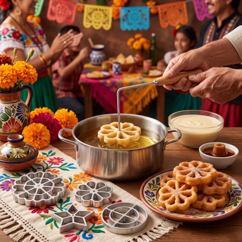 6 Pack Bunuelos Molds with Handles, Rosette Timbale Iron Set with 2 Interchangeable Heads, Aluminum Alloy Waffle Molds for Kitchen Baking, Lotus Star Cooking Stamp Houseware Tool