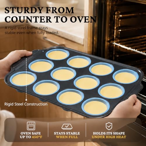 BRONYPRO Silicone Muffin Pans for Baking with Metal Frame, Egg Bite Molds, 12-Cup Regular Size Cupcake Pan, Easy-Release Nonstick Food-Grade Silicone, Cleaning Brush Included, Oven Safe, Blue - color: Blue, size: 12-Cup Standard