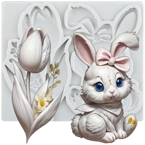 Easter Bunny Rabbit Fondant Molds Tulip Flower Silicone Mold
