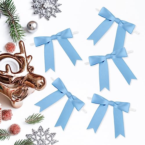 Meseey 50 Pcs 3 Inches Premade Dusty Blue Satin Ribbon Twist Tie Bow Pretied Craft Bows for Treat Bags Gift Wrapping Basket Wedding Baby Shower Brithday Christmas Party (Dusty Blue) - color: Dusty Blue