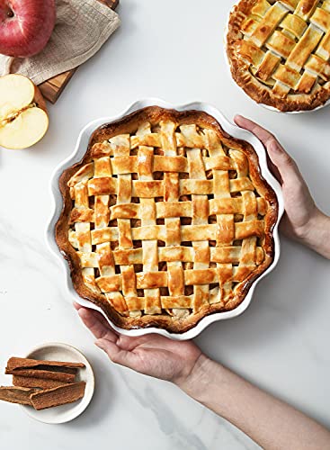 LE TAUCI Ceramic Pie Pans for Baking, 11 Inches Deep Dish Pie Plate for Apple Pie, Pot Pie, 48 Ounce Baking Dish with Ruffled Edge, Set of 2, White - color: White