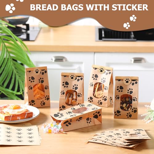 Tenceur 240 Pcs Dog Paw Bakery Bags with Window Paper Cookie Bags, Brown - color: Brown
